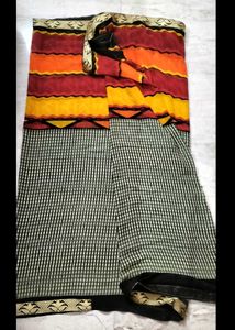 🧡 Black Checkered & Sunset Striped Casual Saree