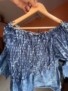 Off-Shoulder Smocked Blue Top