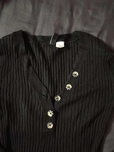 Black Ribbed Button-Up Top