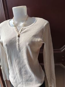 Cream Ribbed Henley Long Sleeve Top