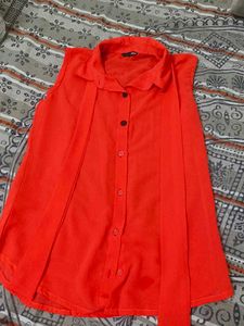 Vibrant Red Sleeveless Button-Up Top