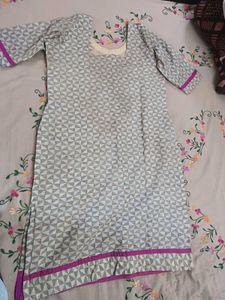 Beige with Pink Embroidery Cotton Kurta