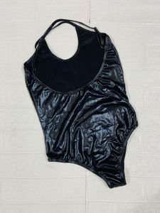 Shiny Black Halter Neck One-Piece Swimsuit