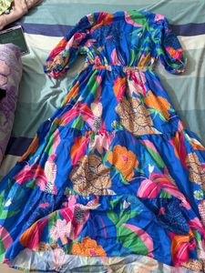 Vibrant Blue Floral Twist Front Dress