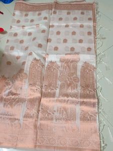 White &amp; Peach Banarasi Saree