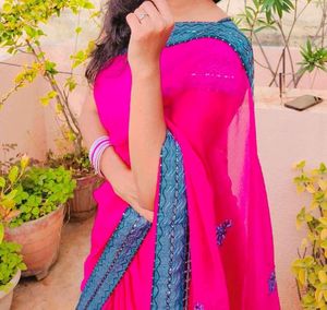 Pink Saree With Silver Border