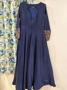 Navy Blue Anarkali Gown with Floral Sleeves