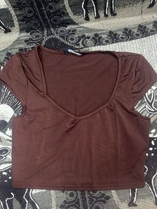 Brown V-Neck Cropped Top