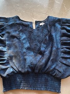 Blue Smocked Ruffle Top