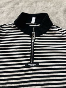Striped Cold Shoulder Zip-Up Top