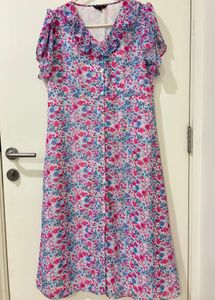 Floral Print Buttoned Midi Dress with Ruffles