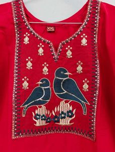 Vibrant Red Kurta Set with Bird Embroidery