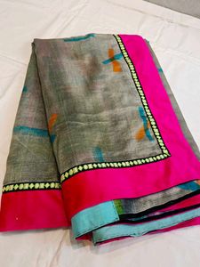 Elegant Grey Saree with Pink Border