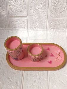 Decorative Pink Trinket Tray and candle holder Set