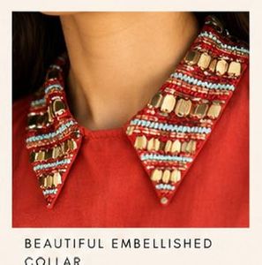 Red Puff Sleeve Top with Embellished Collar