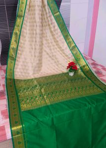 Elegant Cream & Green Silk Sholder bute Saree