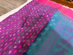 Beautiful Blue &amp; Pink Saree with Blouse piece atta