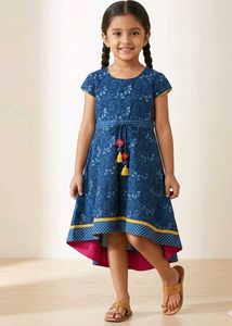 Fab India Blue Printed Girl's Hi-Low Dress