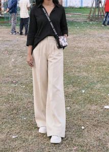Women relaxed beige viscose rayon trousers