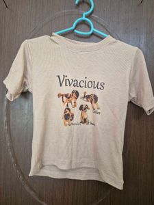 Beige Ribbed Graphic Baby Tee with Dog Print