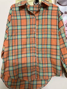 Orange Plaid Button-Up Shirt