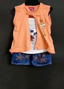 Cute Baby Girl's Peach Vest &amp; Denim Shorts Set