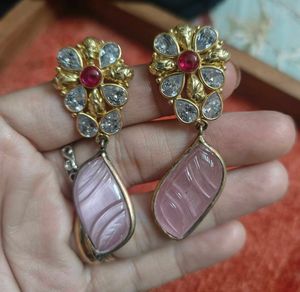 kundan earrings with rose quartz dangler