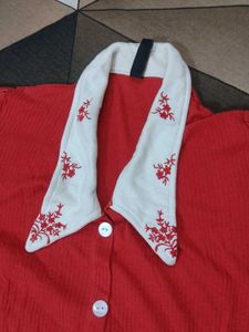 Red Button-Up Blouse with Embroidered Collar