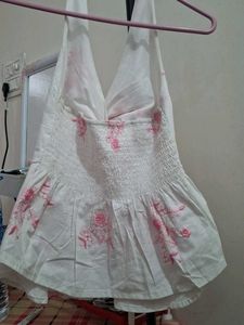 Chic White Halter Top with Pink Floral Embroidery