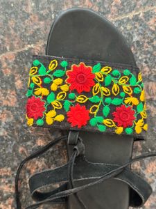 Embroidered Floral Lace-Up Sandals