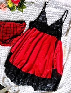 Lace Trimmed Satin Babydoll nighty with brief 👍