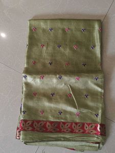 Elegant Olive Green Saree with Floral Embroidery