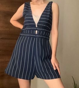 Pull&amp;Bear Navy Pinstripe V-Neck Romper