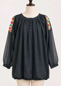 Black Floral Embroidered Balloon Sleeve Top