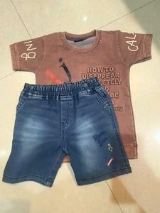 Boys Green T-shirt and Denim Shorts Set