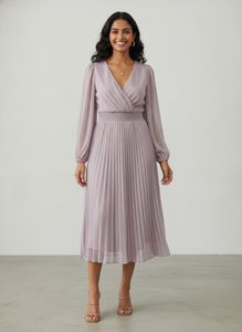 Elegant Lavender Shimmery Party Pleated Midi Dress