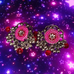 Vintage pink and red silver jhumka