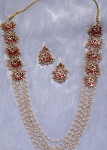 Elegant Pearl & Red Stone Necklace Set