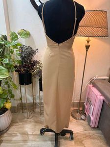 Elegant Beige Plunge Neck Maxi Dress