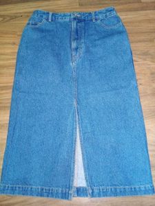 Blue Denim Midi Skirt with Slit