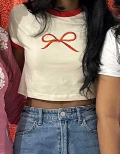 Cute White Cropped T-Shirt with Bow
