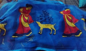 Royal Blue Net Saree With Red Yellow Embroidery