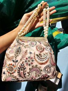 Embroidered Clutch with Pearl Handles