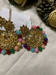 earings-mang tika set |bead and gold plated | Amer