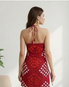Stylish Red Bandhani Print Halter Neck kurti