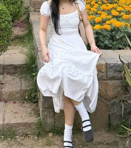 y2k White Puff Sleeve Midi Dress