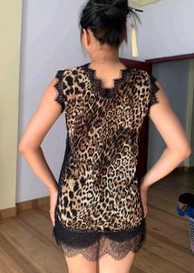 Lingerie Nightgown Leopard Print Lace Trim