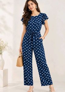 Navy Fish Print Jumpsuit with Waist String Tie-up