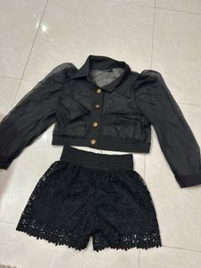Chic Black Sheer Top &amp; Lace Shorts Set