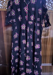 Black Long Floral Print Kurta with bell sleeves